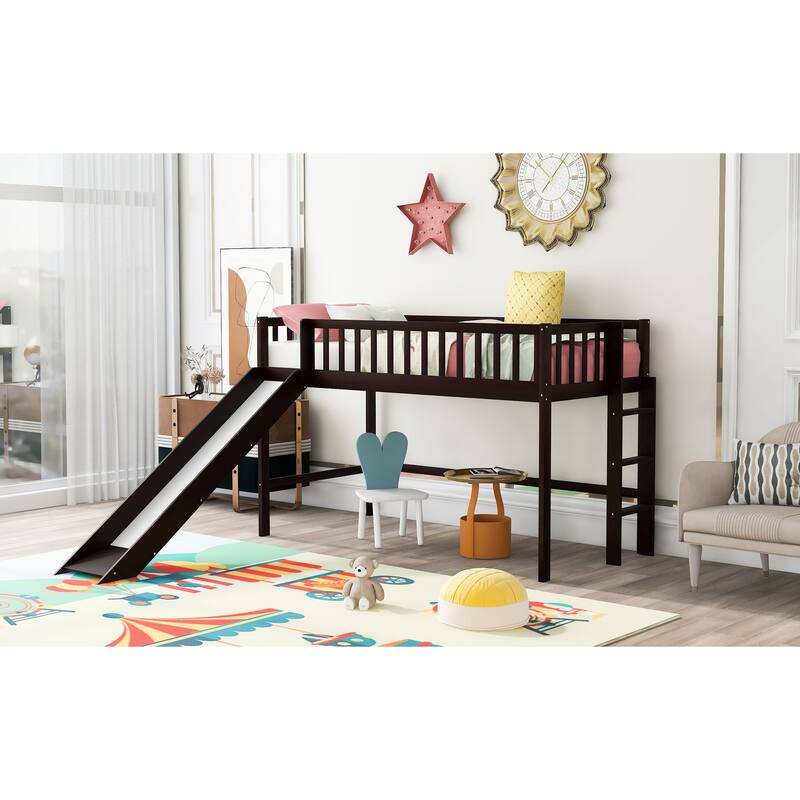Low Loft Bed Kids Bed with Slide for Boys Girls, Loft Bed Toddler Bed with Ladder and Safety Guardrail Wood Slat Support