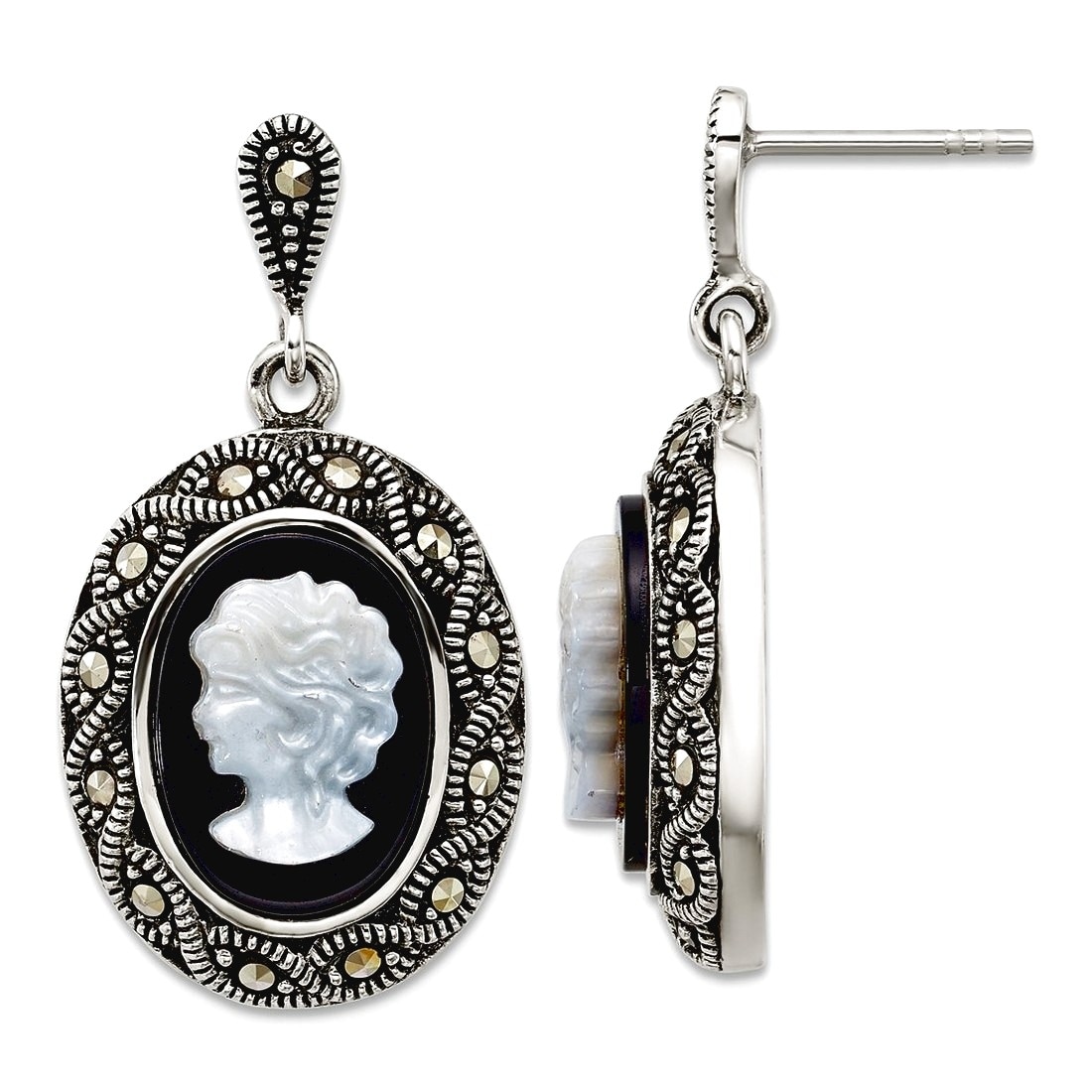 Curata 925 Sterling Silver 34x18mm Vintage Marcasite Black Agate MOP Cameo Dangle Earrings