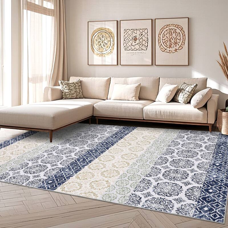 Vintage Floral Area Rug Boho Geometric Rugs for Living Room Bedroom Soft Throw Carpet - 8'x10' - Blue