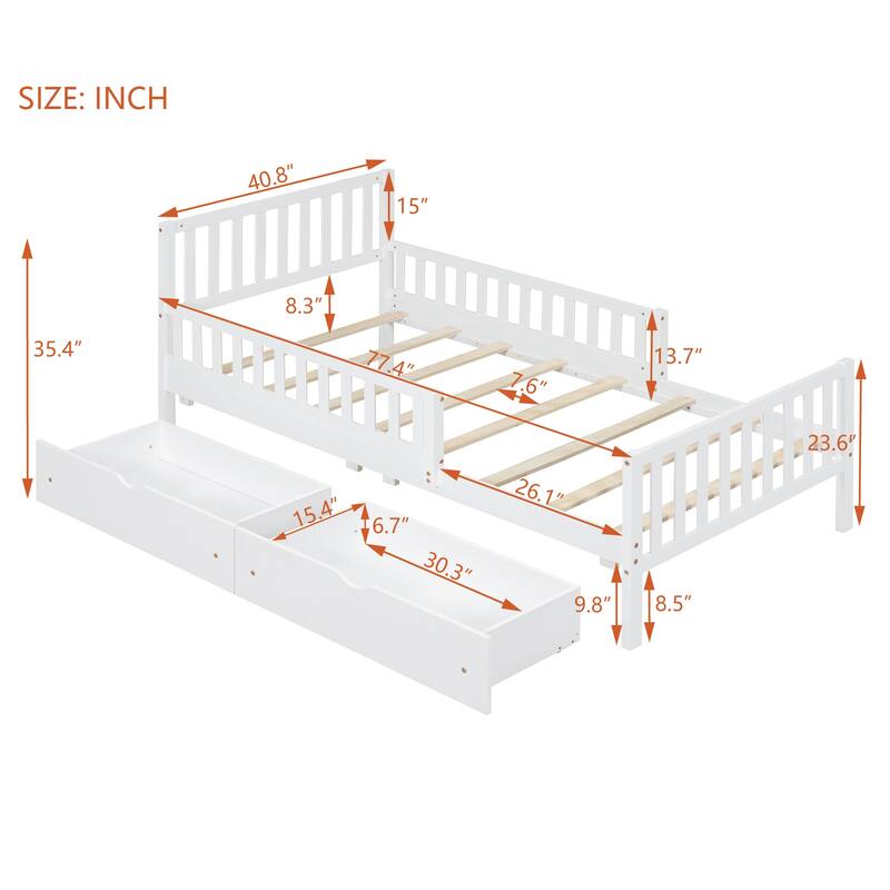 Twin Size Wood Platform Bed with Guardrails on Both Sides and Two Storage Drawers