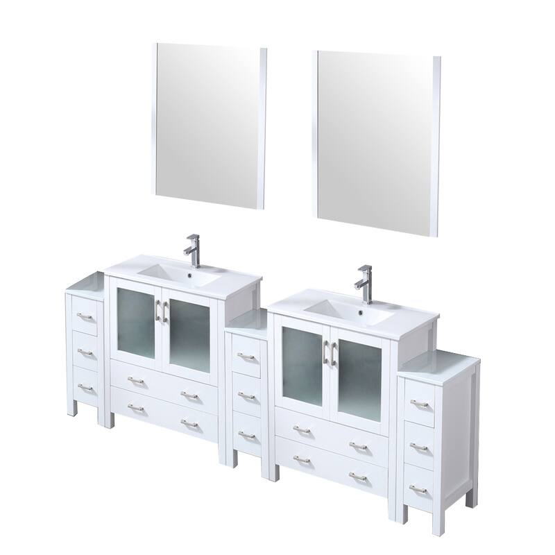 Volez Double Bath Vanity with Side Cabinets, White Ceramic Top, 28 in Mirrors and Faucet Set - 96
