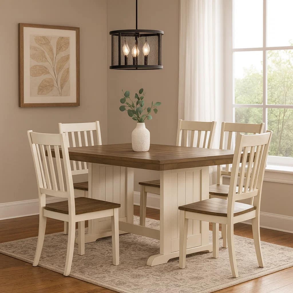 Dean Dining Table, 60 Inch Rectangular Plank Top, Off White and Brown