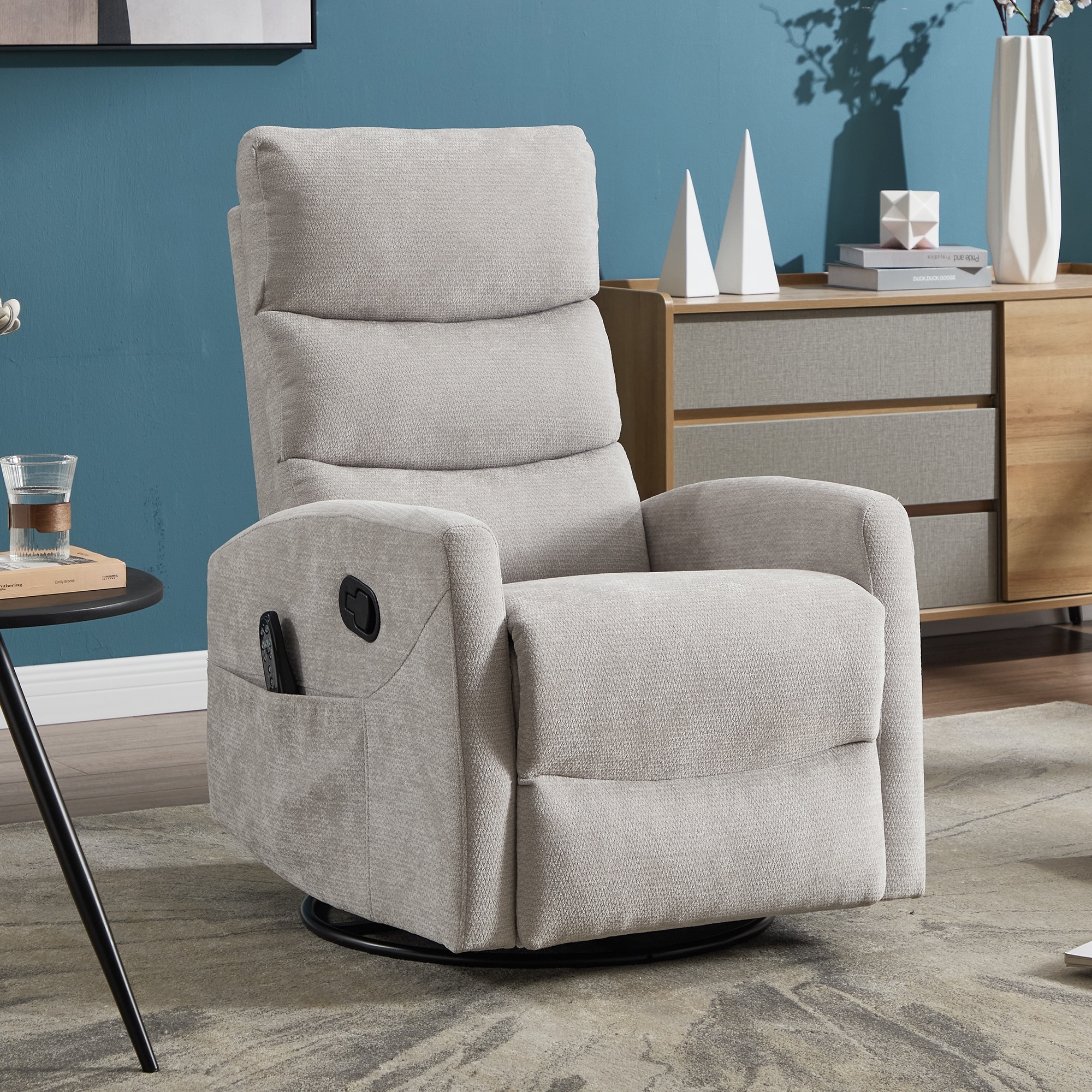 Heat Massage Swivel Rocker Recliner with 8-Point Vibration & Lumbar Heat, Manual Handle, Chenille Fabric