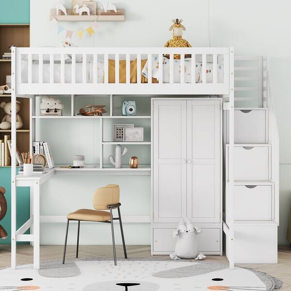 slide 2 of 17, Full Size Loft Bed with Bookshelf, Drawers, Desk and Wardrobe & Storage Staircase, Full Length Guardrail White