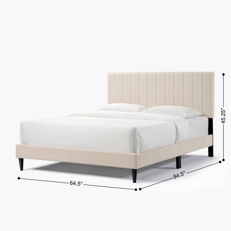 Queen Upholstered Platform Bed with Tufted Headboard, Mid-Century Modern Design, Boucle Fabric, No Box Spring Needed