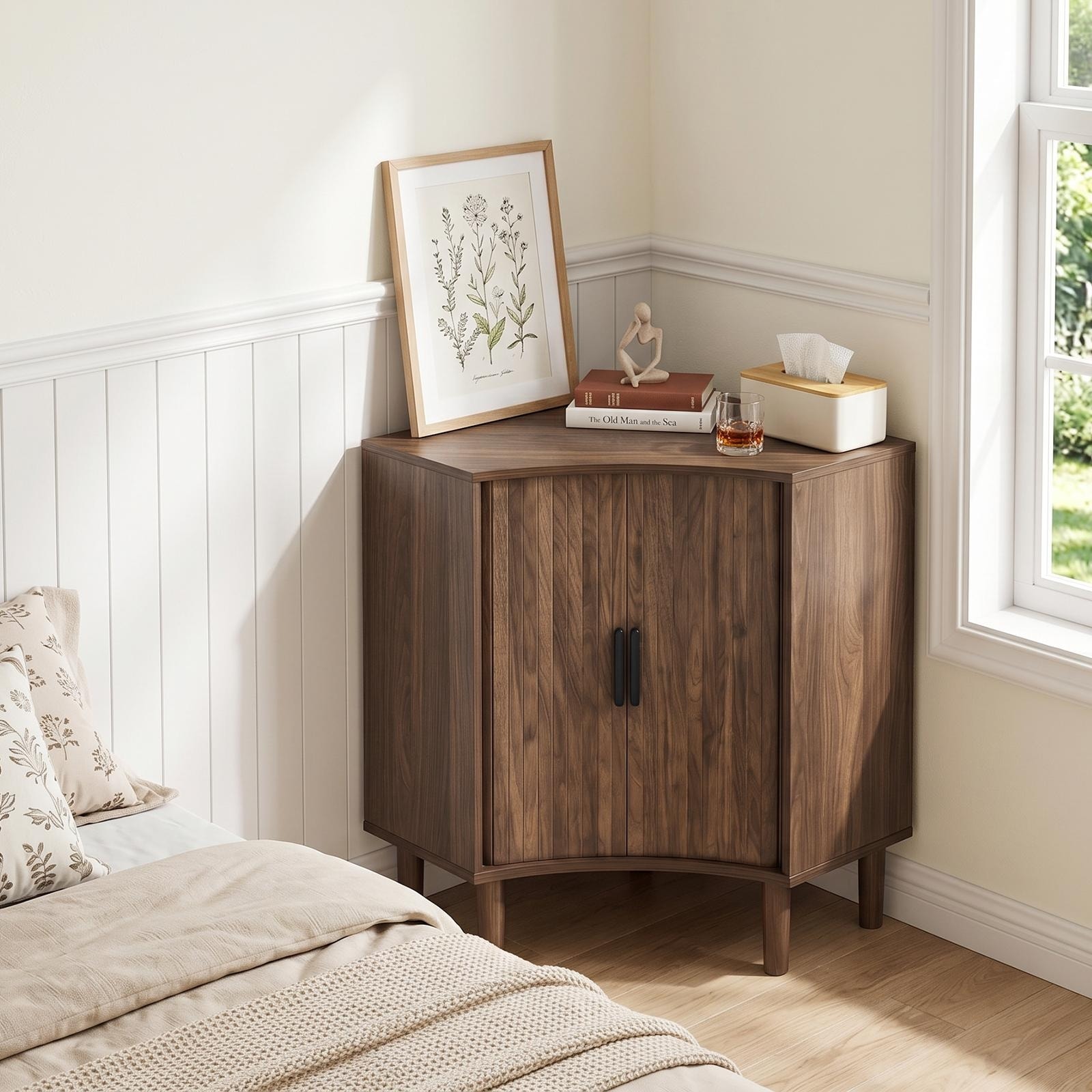Fluted Small Corner Floor Cabinet with Sliding Doors and Adjustable Shelves, Modern Wooden Freestanding Narrow Storage Cabinet