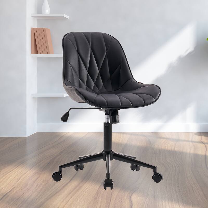 Armless Swivel Office Chair, Faux Leather Task Chairs with Wheels - Black