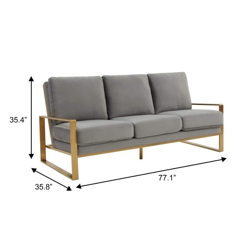 Jefferson Velvet Upholstered 3 Seater Sofa with Brushed Gold Stainless Steel Base and Removable Cushions - 77.1