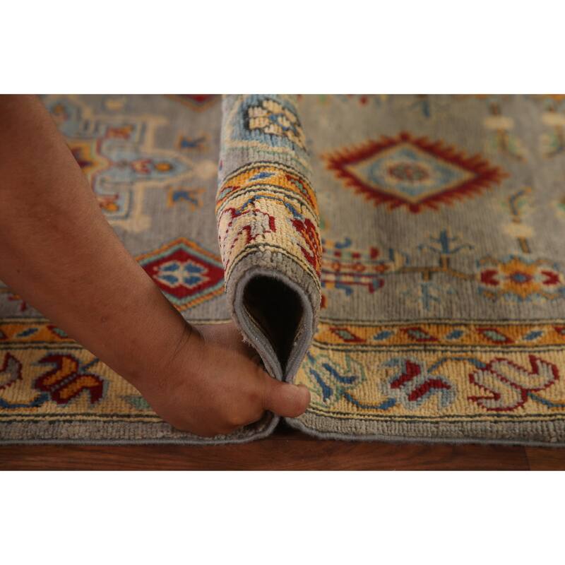 Geometric Kazak Runner Rug Handmade Grey Wool Carpet - 2'8" x 16'3"