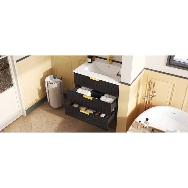 24-inch Wall-Mounted Floating Cabinet with Double Drawer, Rectangular Vanity Sink