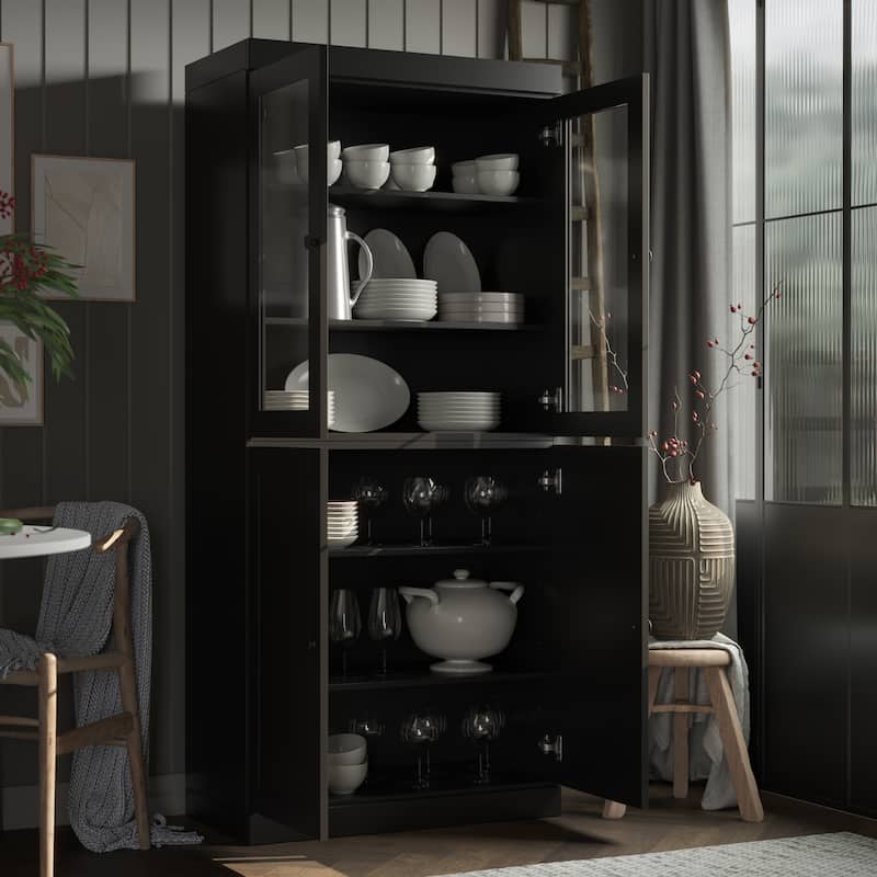 Palace Imports 100% Solid Wood 32" Pantry Cabinet with Clear Glass, Shaker Doors and Adjustable Shelves