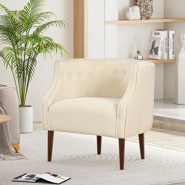 slide 2 of 18, Modern Club Chair with Button-Tufted Back & Tonal Piping - Contemporary Upholstered Tub Chair with Sturdy Birch Wood Legs Beige