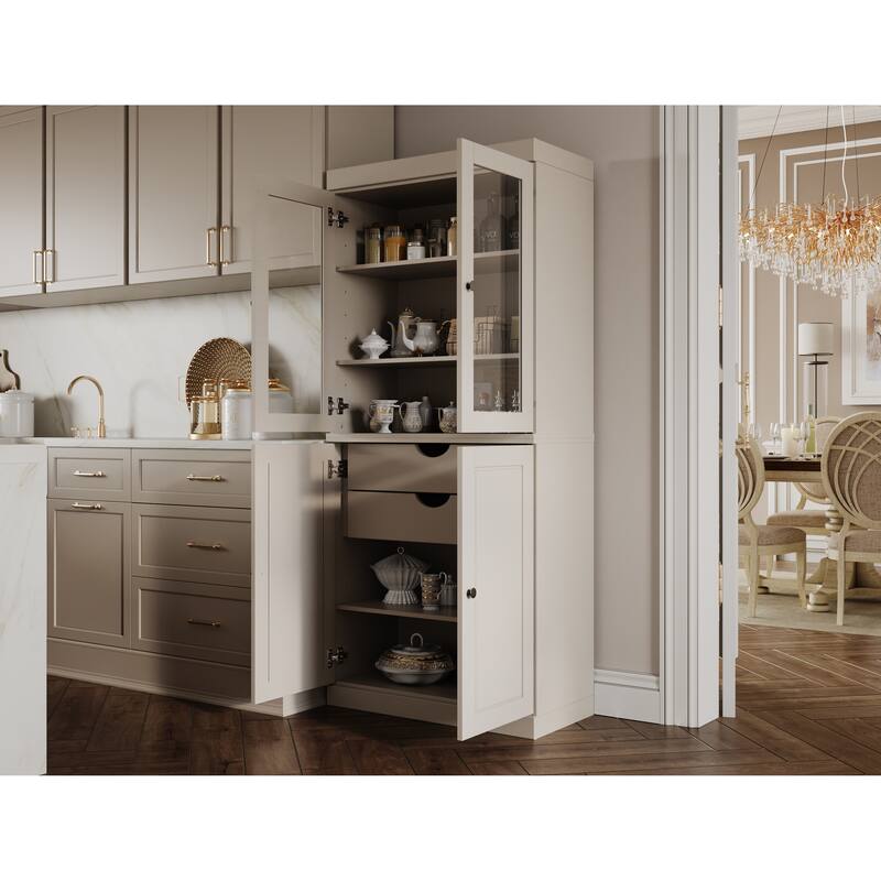 Palace Imports Solid Wood Pantry Cabinet, Raised Panel & Clear Glass Doors, 2 Drawers, Adjustable Shelves - Beige