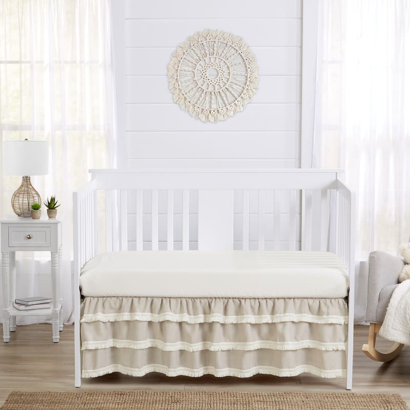 Boho Bohemian Boy Girl Tiered Ruffled Crib Bed Skirt - Solid Taupe Beige Ivory Cream Linen Farmhouse Shabby Chic Neutral Unisex