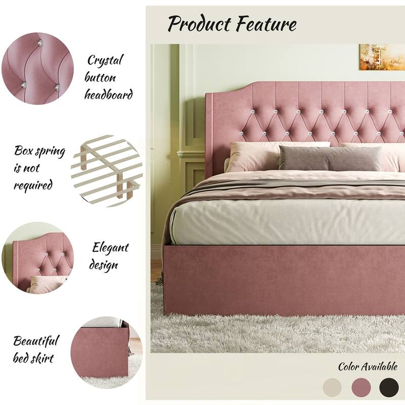 Tufted Upholstered Bed Frame with Crystal Button Accents