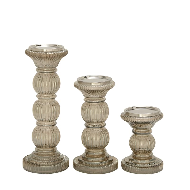 Glass Handmade Turned Style Pillar Candle Holder - Set of 3 Gray - Roche River Decor - 4"W x 4"L x 6"H