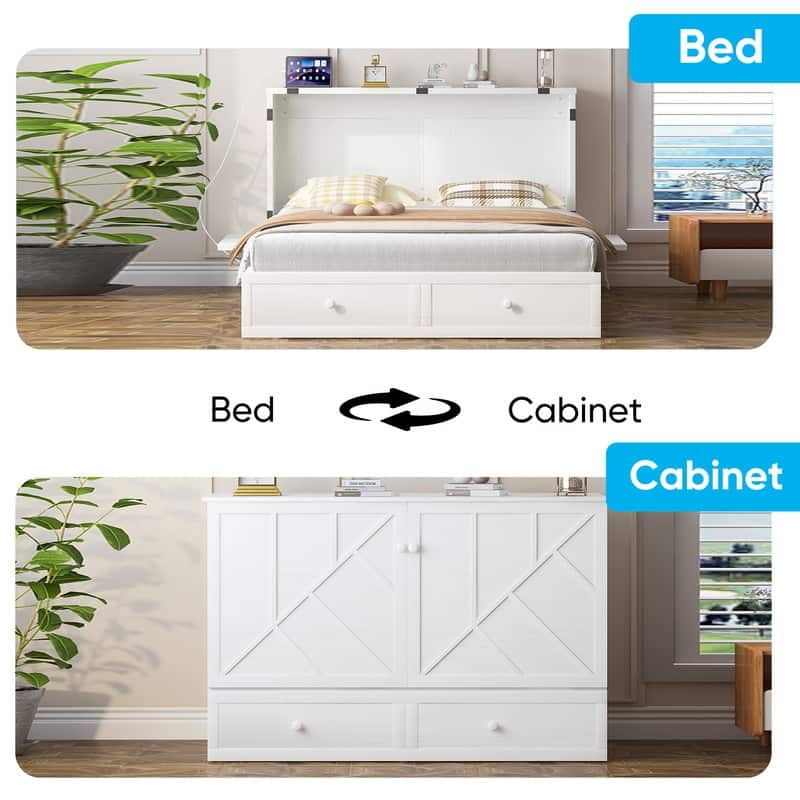 Mixoy Modern Queen Murphy Bed Chest with Mattress and USB ports