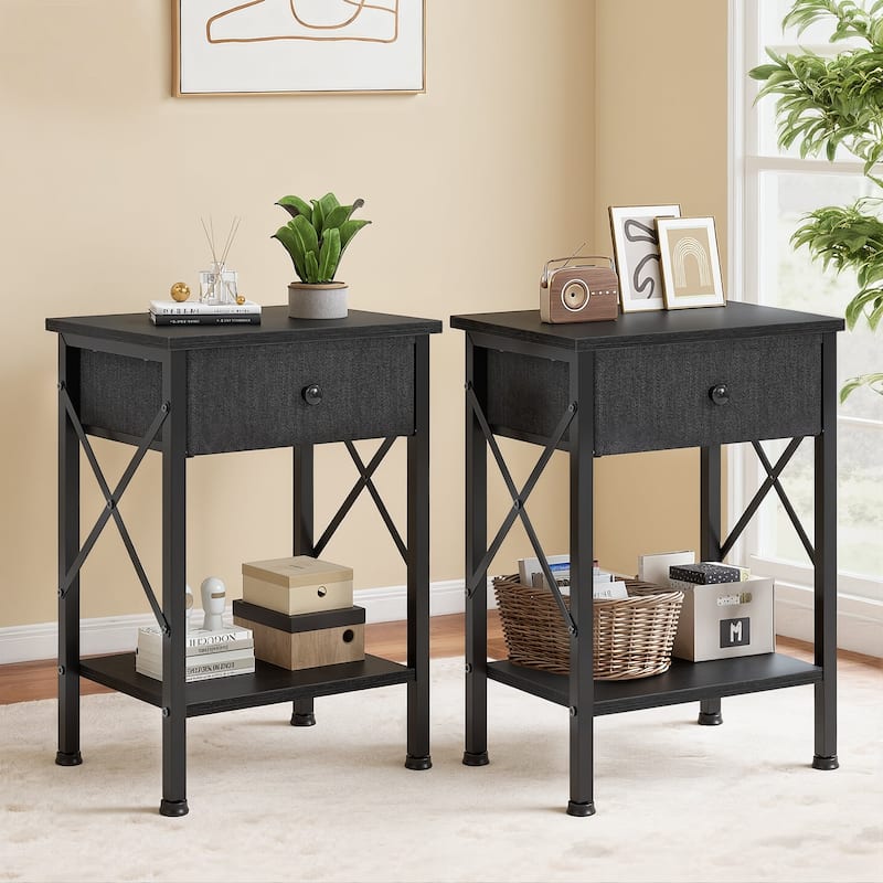 Javlergo 2 Pack X Frame Nightstand with Removable Fabric Drawer Easy to Clean Multifunctional End Table with Open Shelf - Black