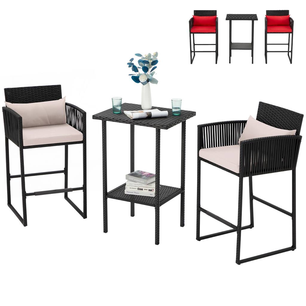 AVAWING 3PCS Patio Wicker Bar Set with Extra Cushion Cover