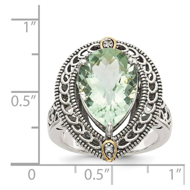 Curata 925 Sterling Silver Polished Prong set Open back With 14k Diamond and Green Quartz Ring