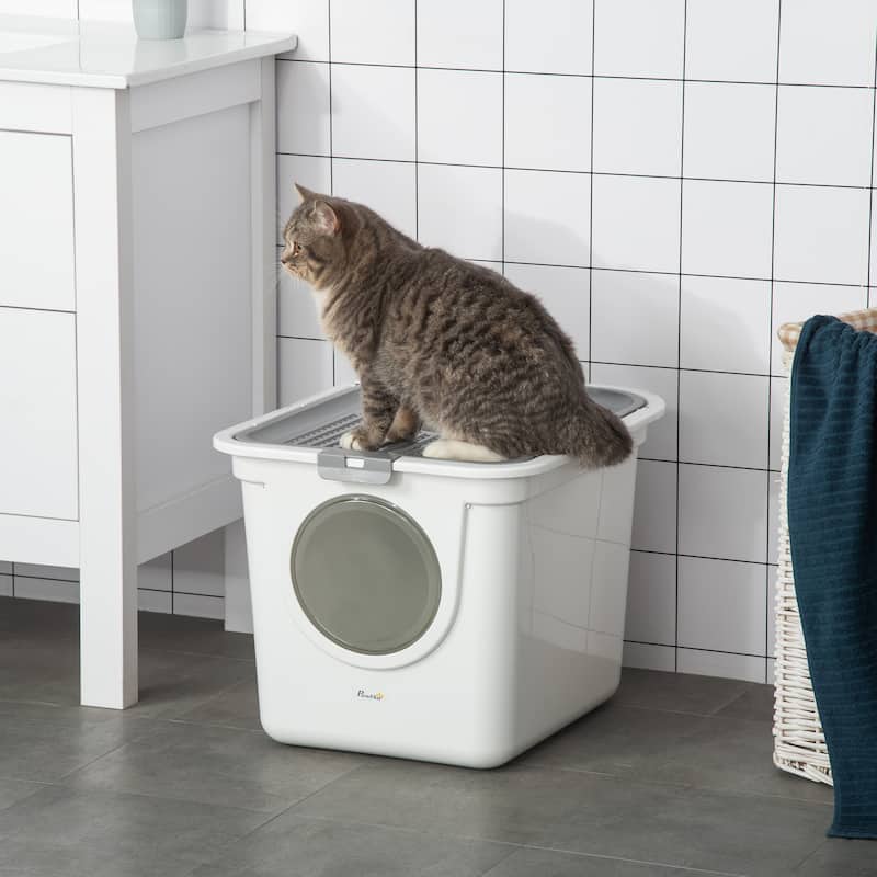 PawHut Cat Litter Box with Lid, Covered Kitty Litter Box with Front Entrance, Top Exit, Scoop, Easy Cleaning Cat Toilet, White