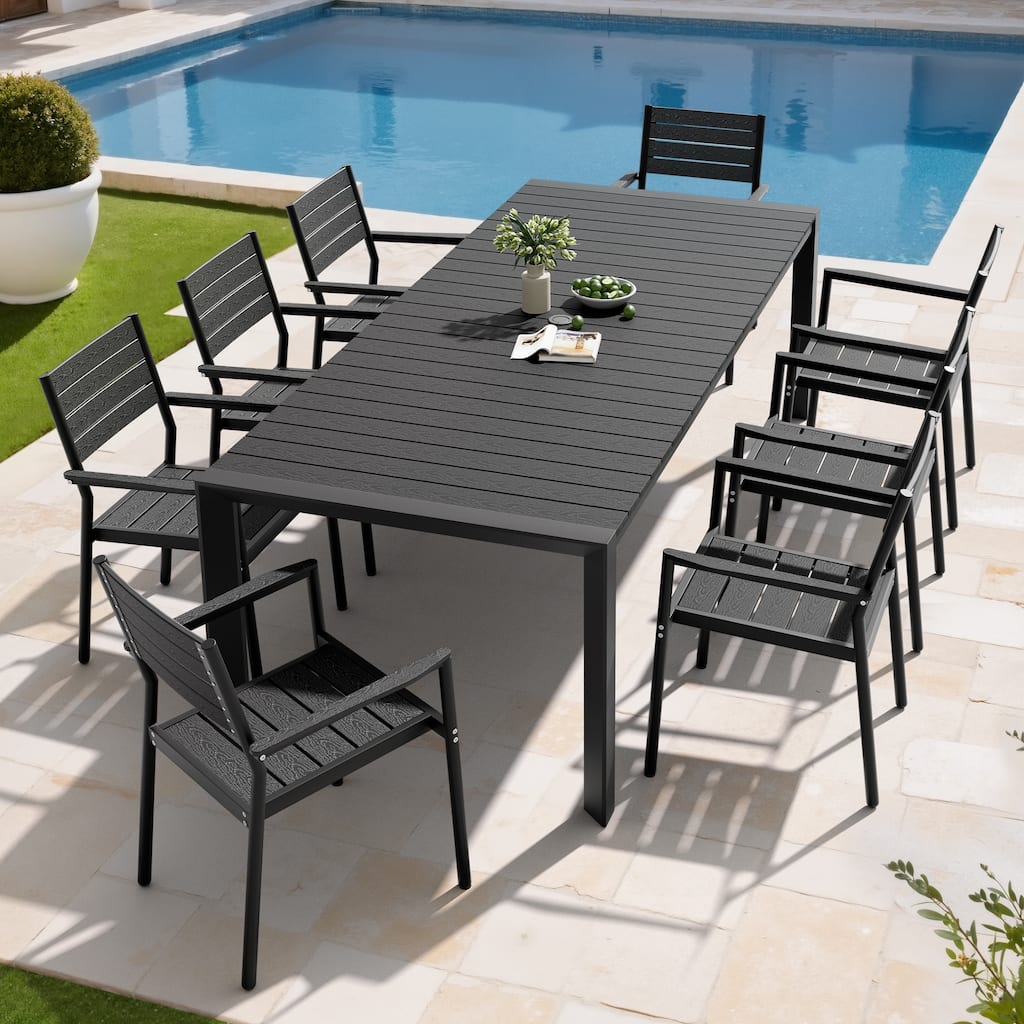 Set of 9 Outdoor Patio Dining Set WoodLike Table Top Aluminum Umbrella Hole Table with Stackable Dining Chairs