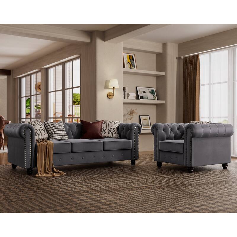Classic Tufted Velvet Upholstered Chesterfield Club Chair and Sofa 2 Pieces with Nailhead for Living Room by Morden Fort