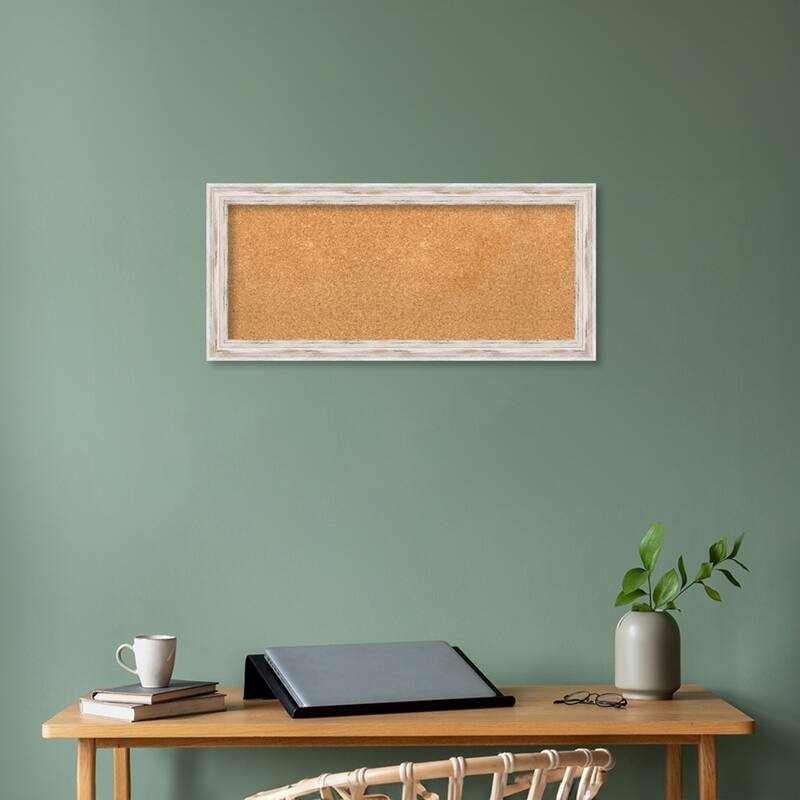 Alexandria White Wash Narrow Wood Framed Natural Corkboard Bulletin Board, Organization Board, Pin Board