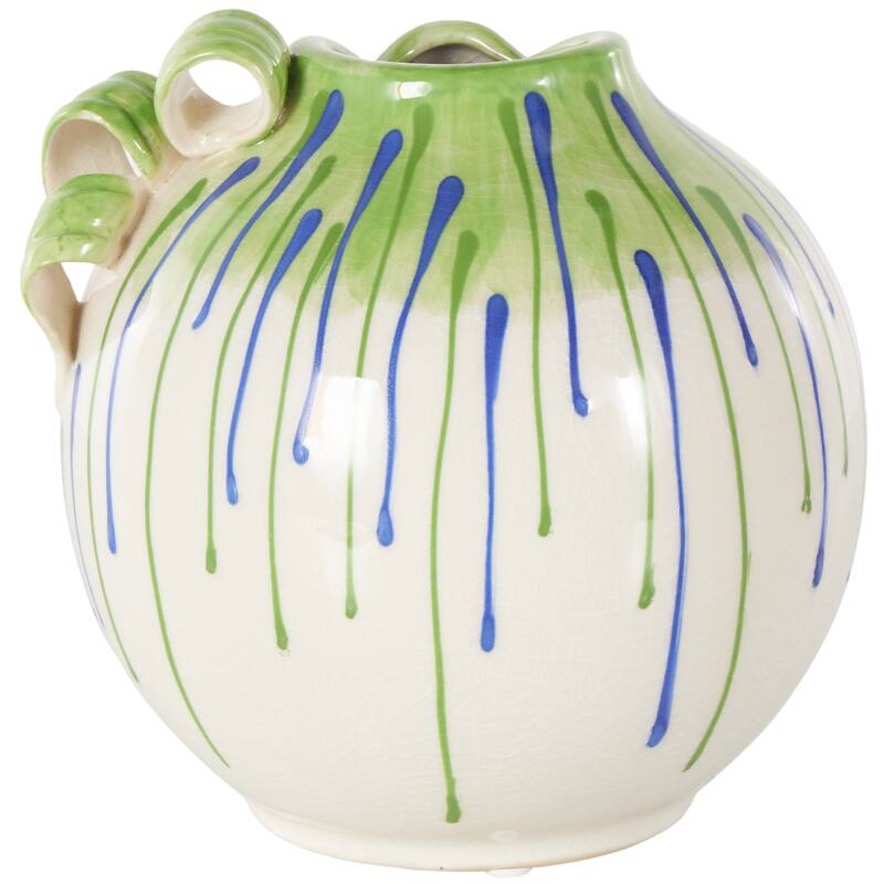 White Ceramic Abstract Decorative Vase with Green and Blue Drip Design and Handle