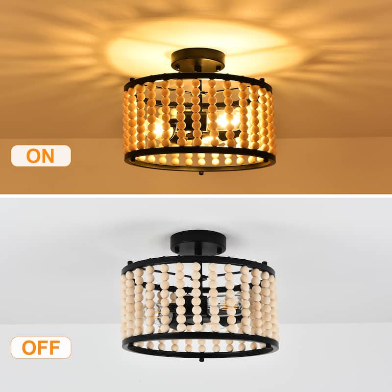 Starsky 3-light 12in. Bohemian Drum Ceiling Light Wood Bead Semi Flush Mount