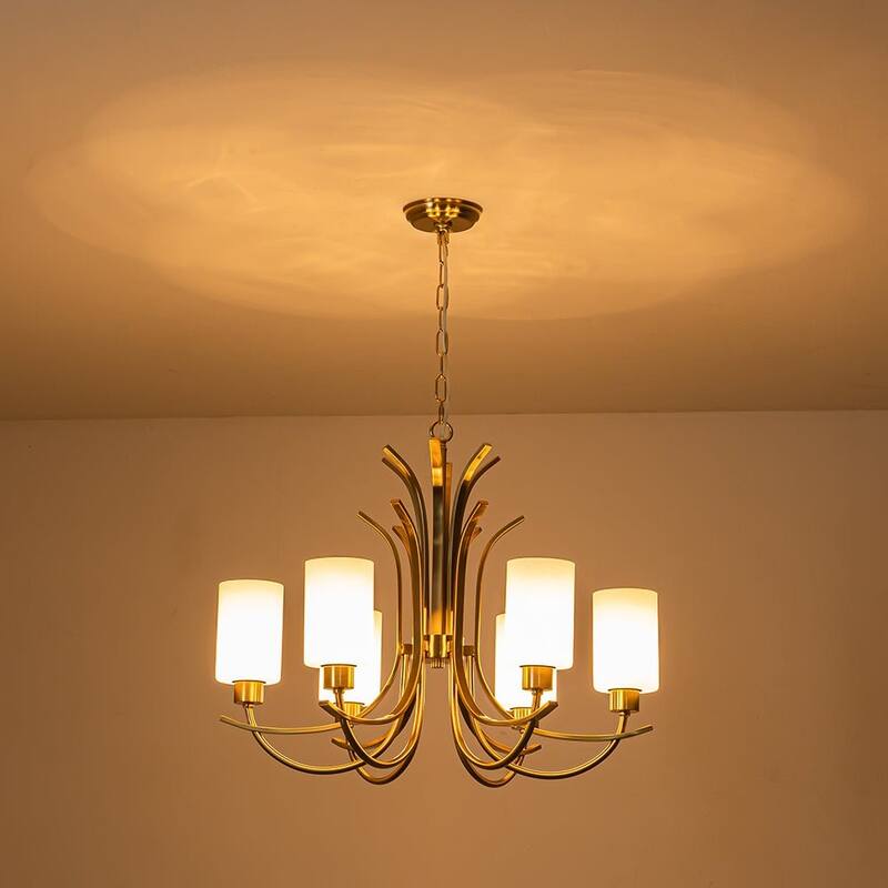 6-Light White Glass Cylindrical Shade Round Chandelier - 26in