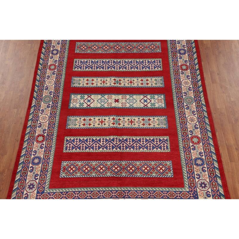 Red Geometric Kazak Oriental Area Rug Handmade Wool Carpet - 6'6" x 9'7"