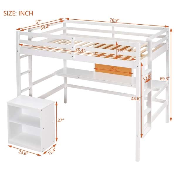 dimension image slide 1 of 3, Full size Loft Bed with Desk, Writing Board and Drawers Cabinet, White