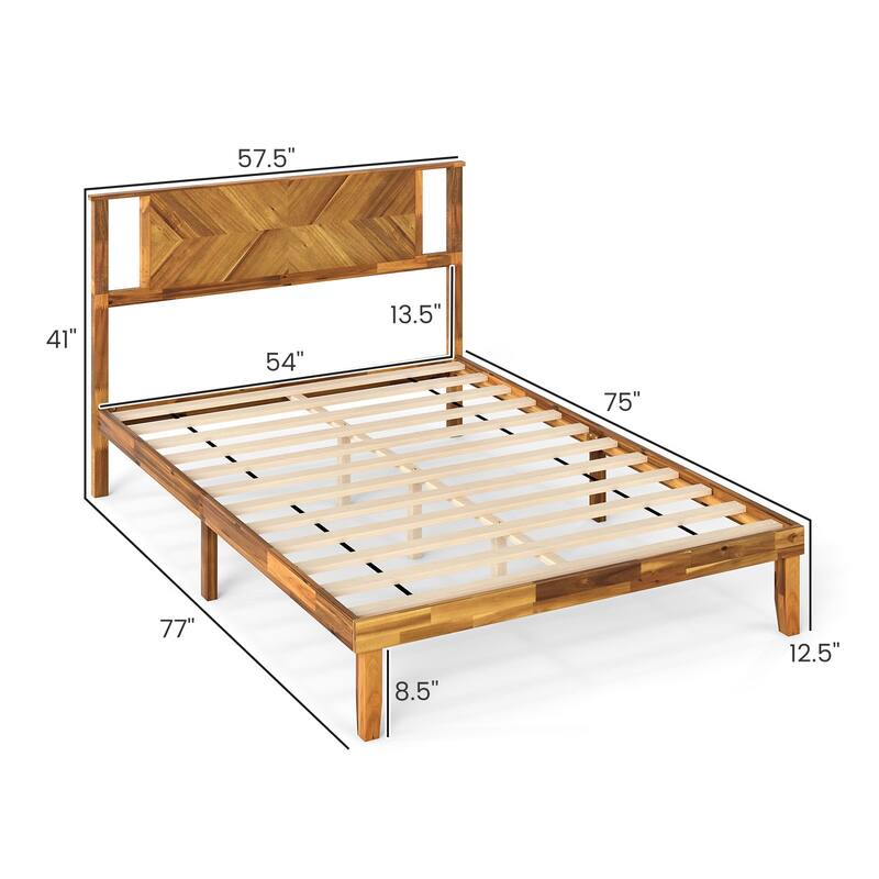 Rustic Golden Brown Twin Size Wooden Platform Bed Frame with Headboard and Under Bed Storage Acacia Wood Construction