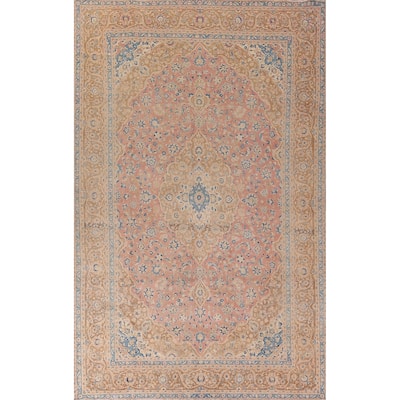 Traditional Kashan Persian Large Vintage Rug Hand-Knotted Wool Carpet - 9'6"x 14'10"