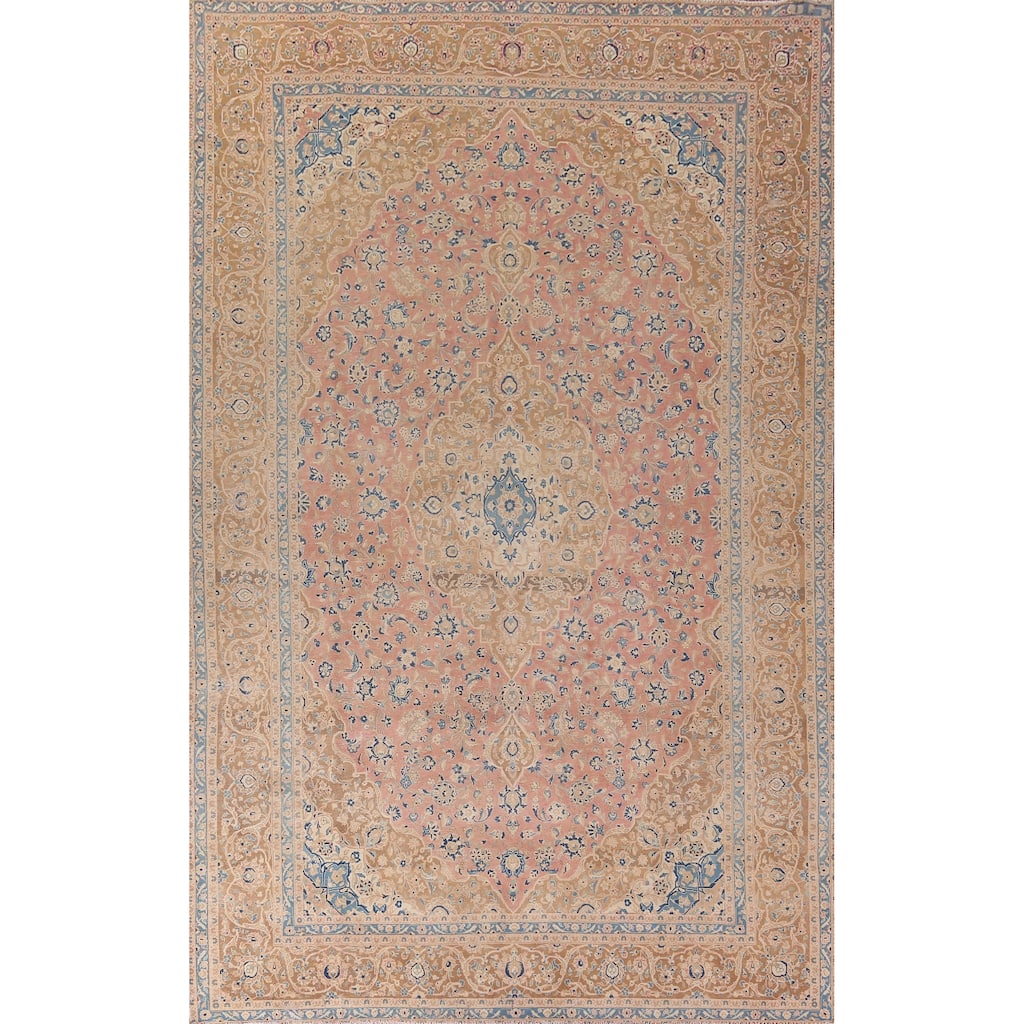 Traditional Kashan Persian Large Vintage Rug Hand-Knotted Wool Carpet - 9'6"x 14'10"