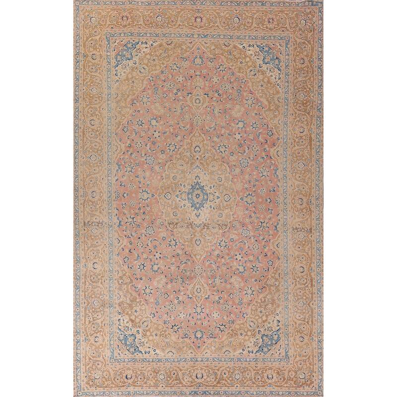 Traditional Kashan Persian Large Vintage Rug Hand-Knotted Wool Carpet - 9'6"x 14'10"