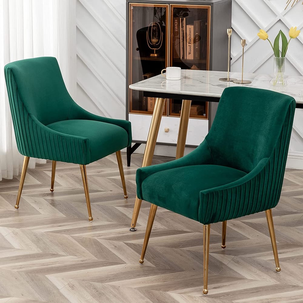 SEYNAR Modern Glam Boucle Pleated Velvet Dining Chair or Vanity Chair Set of 2 with Rear Handle