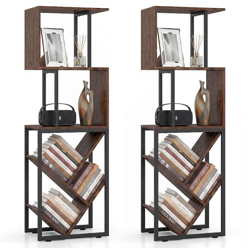 Gymax 2PCS 6-Tier Bookshelf Industrial S-Shaped Geometric Bookcase w/ - Brown