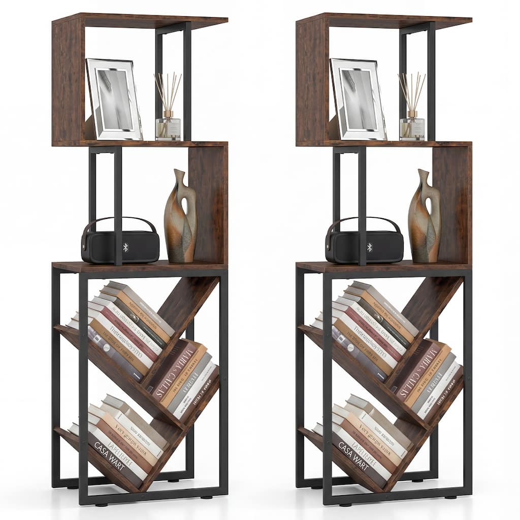 Gymax 2PCS 6-Tier Bookshelf Industrial S-Shaped Geometric Bookcase w/