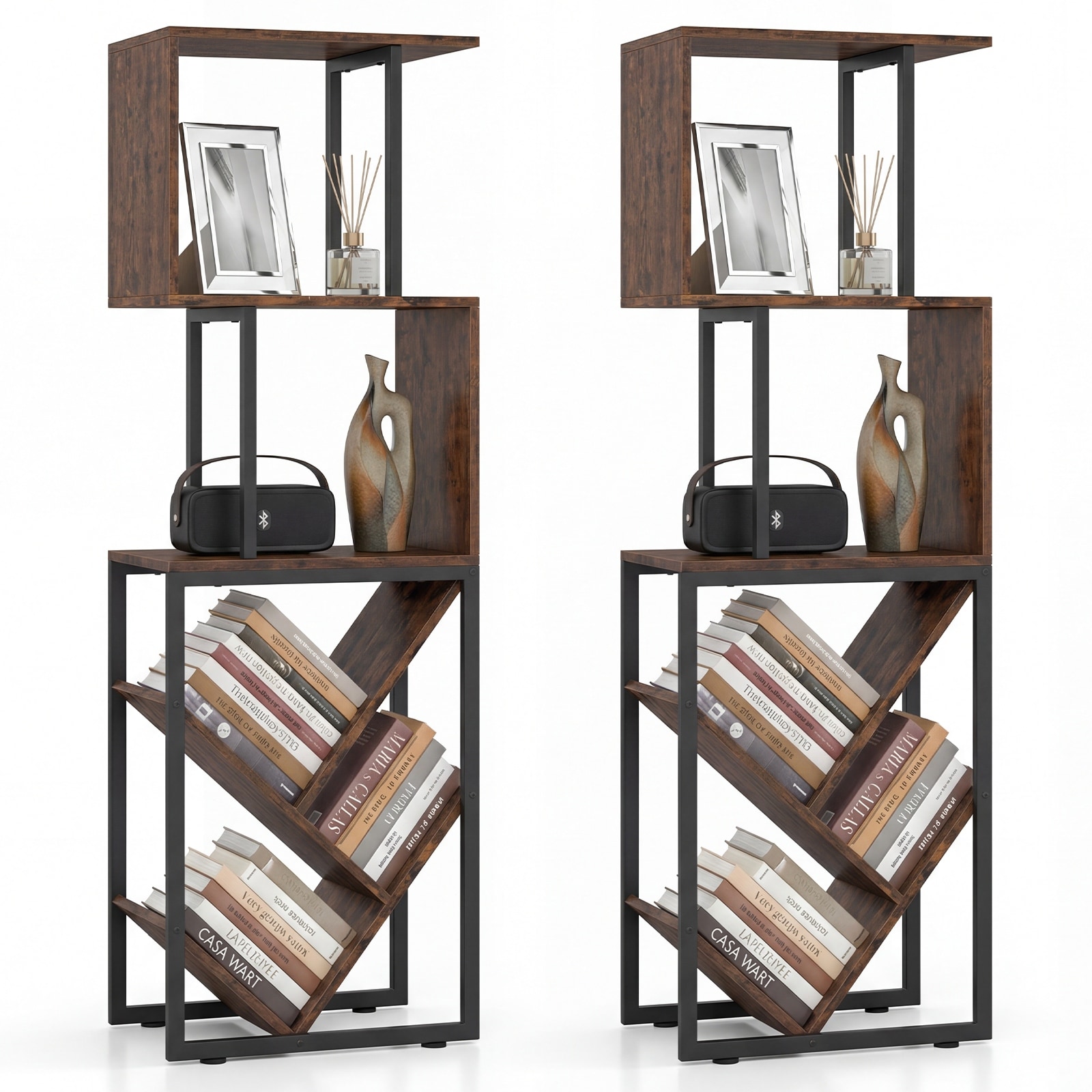 Gymax 2PCS 6-Tier Bookshelf Industrial S-Shaped Geometric Bookcase w/