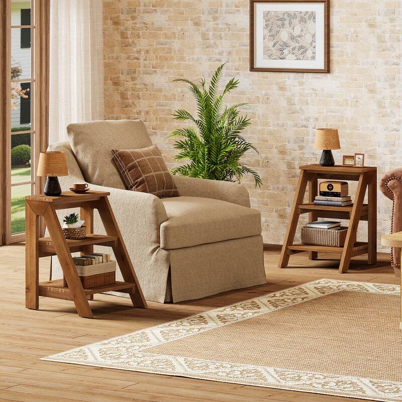 3-Tier Solid Wood End Table with Open Storage Shelves