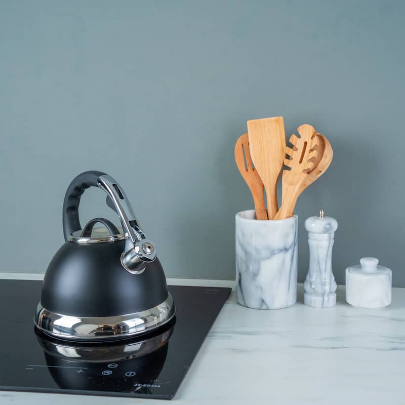 Creative Home Camille 3.0 Quart Stainless Steel Whistling Tea Kettle with Aluminum Capsulated Bottom, Opaque Black Color