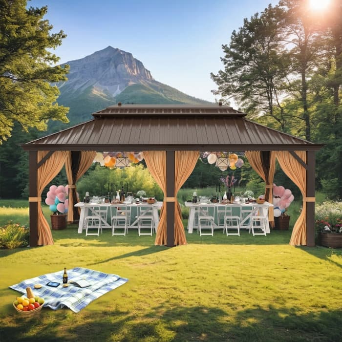 Erommy Hardtop Gazebo with Aluminum Frame and Double Roof, Permanent Outdoor Gazebo Includes Curtains&Netting for Patio Backyard