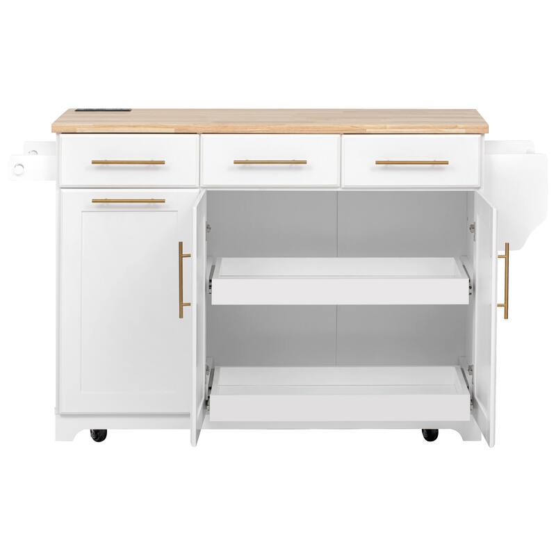 59.3" Rolling Kitchen Island with Storage 2 Pull Out Cabinet Organizers & Rubber Wood Drop Leaf,Trash Can Storage,Power Outlet