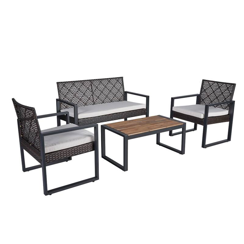 4-Piece Outdoor Patio Rattan Conversation Sofa Set with Acacia Wood Coffee Table and 2 Armchairs