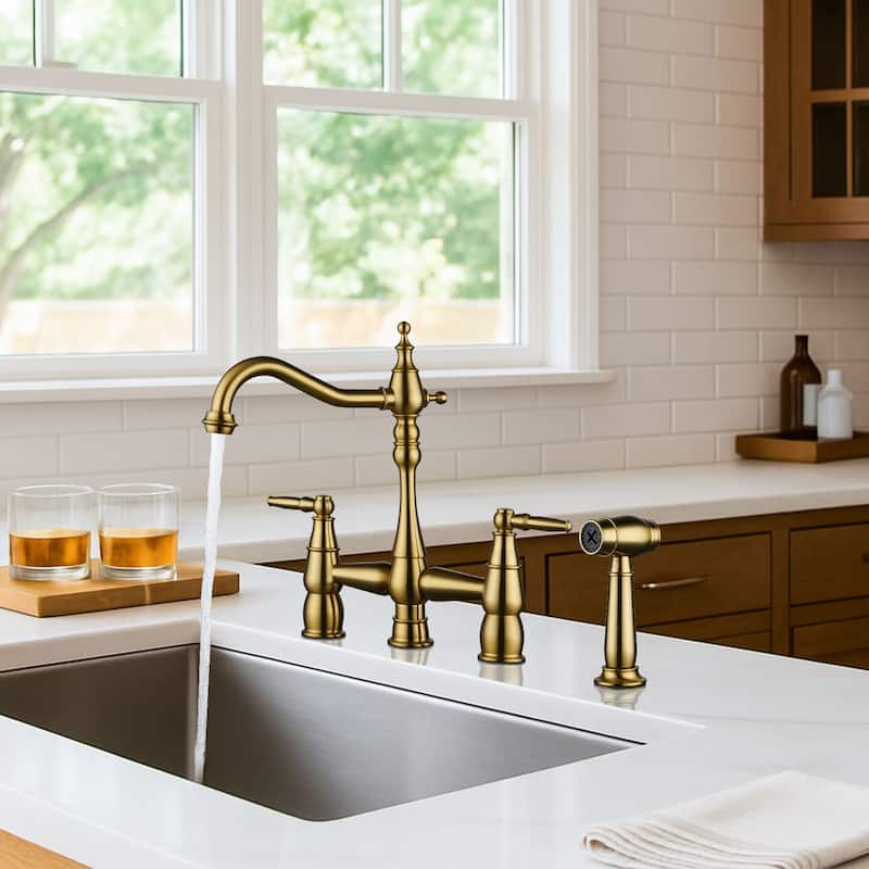 WOWOW 4 Hole Double Handle Bridge Kitchen Faucet with Side Sprayer