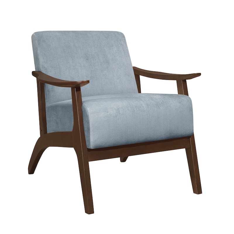Rica 32 Inch Accent Armchair, Curved, Soft Blue Velvet, Brown Solid Wood
