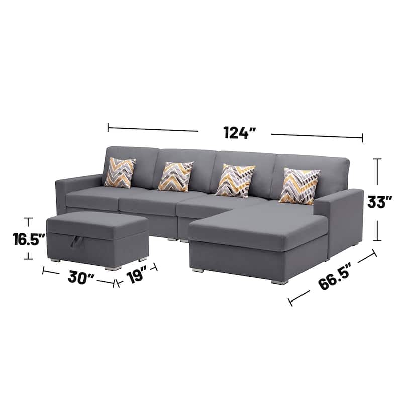 Linen Fabric 5 Piece Reversible Sofa Chaise with Interchangeable Legs and Storage Ottoman in Grey