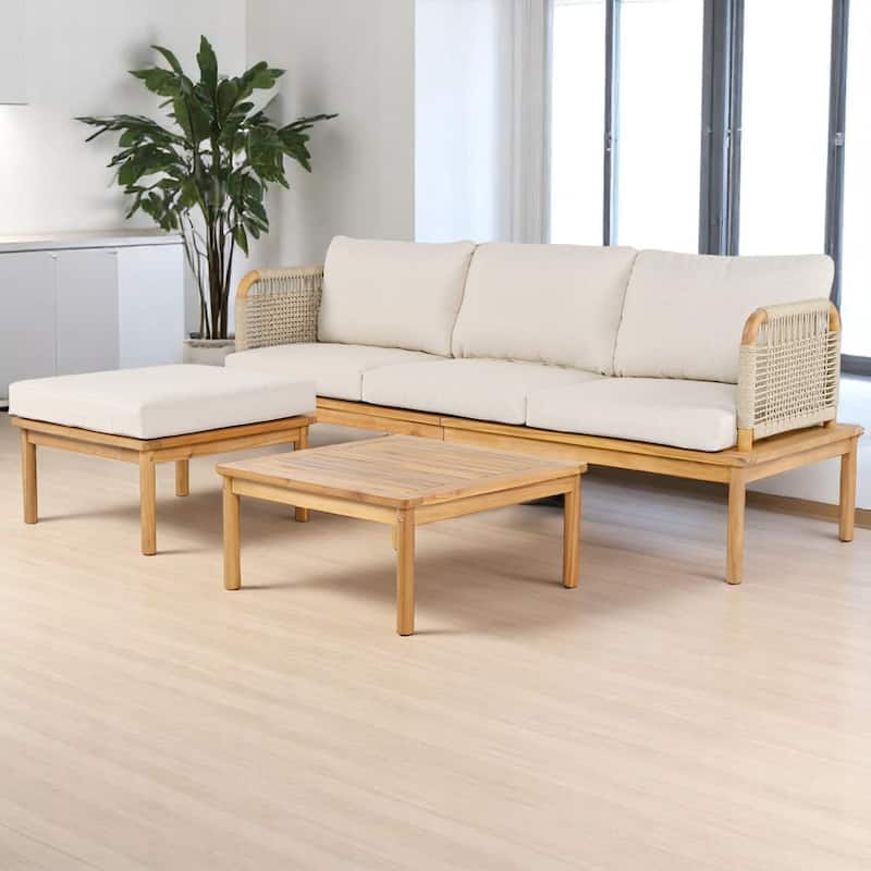 3-Piece Acacia Wood Outdoor Patio Furniture Set, Water-Repellent Cushions, Sofa, Ottoman & Table for Garden, Balcony, or Porch